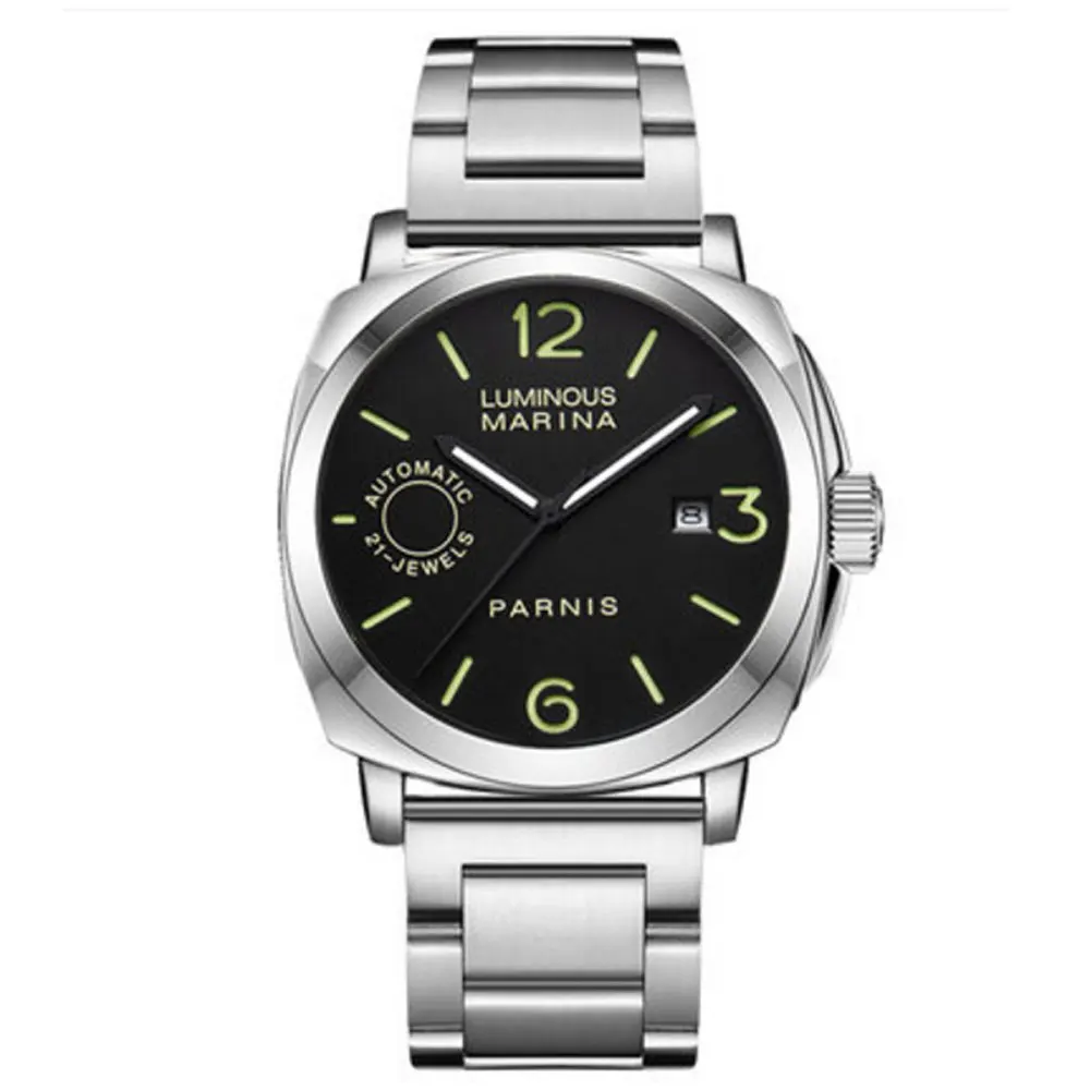 

44mm PARNIS black Dial Sapphire Glass Luminous marks Date Steel strap Miyota Automatic movement mens watch