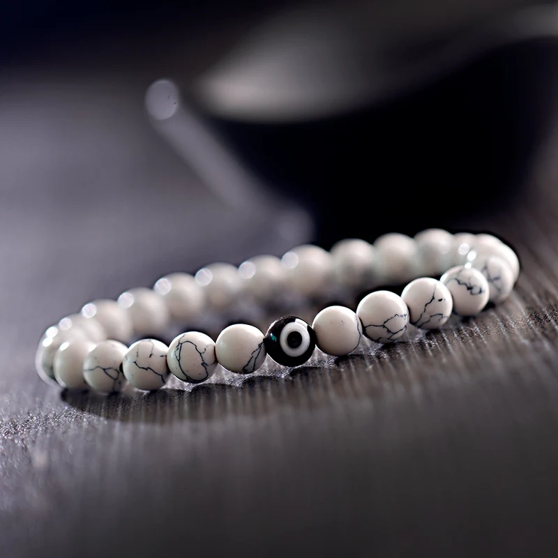 Charm Evil Eye Beads Bracelet Pulsera Hombre Women 8mm Round White Stone Chakra Elastic Bracelets Homme Men Erkek Bileklik | Украшения и