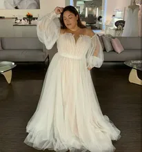 

Plus Size Wedding Dress Puff Long Sleeve Light Champage Floor Length Tulle Bridal Gowns Big Size Off Shoulder Women Brides Dress