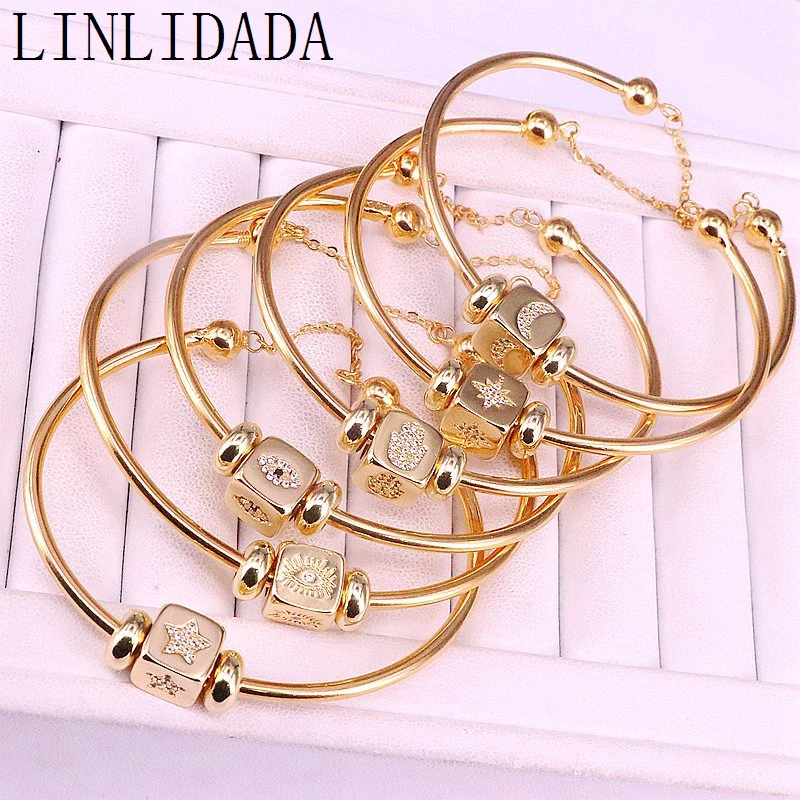5Pcs New Trendy Gold Color Jewelry Micro Pave CZ Square Shape Beads Cubic Zirconia Women Cuff Bangles Bracelets | Украшения и