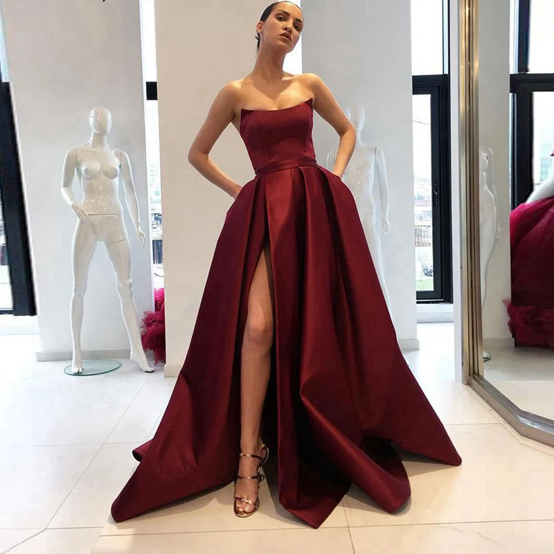 Бургундия Vestido de festa, на заказ, милое атласное бордовое бальное платье, длинные платья, вечерние, сексуальные платья для выпускного вечера - Цвет: Бургундия