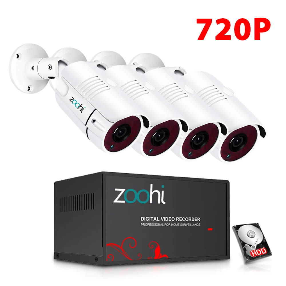 Zoohi HD 4CH 1080N AHD DVR комплект видеонаблюдения Системы 4 шт. 720 P/1080 P AHD водонепроницаемый/Металлическая Цилиндрическая камера видеонаблюдения 2MP P2P Видеонаблюдения Набор - Цвет: 720P 4 Cameras