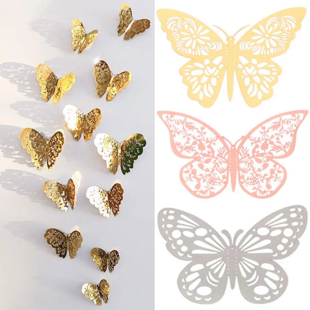 12 шт./компл. 3D наклейки бабочки металлическая текстура полые настенные DIY