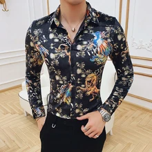 Мужская рубашка на пуговицах, утепленная, сохраняющая тепло, рубашка с цветочным принтом, формальные рубашки для мужчин, бархатная Ретро рубашка, Camisa Manga Longa Masculina