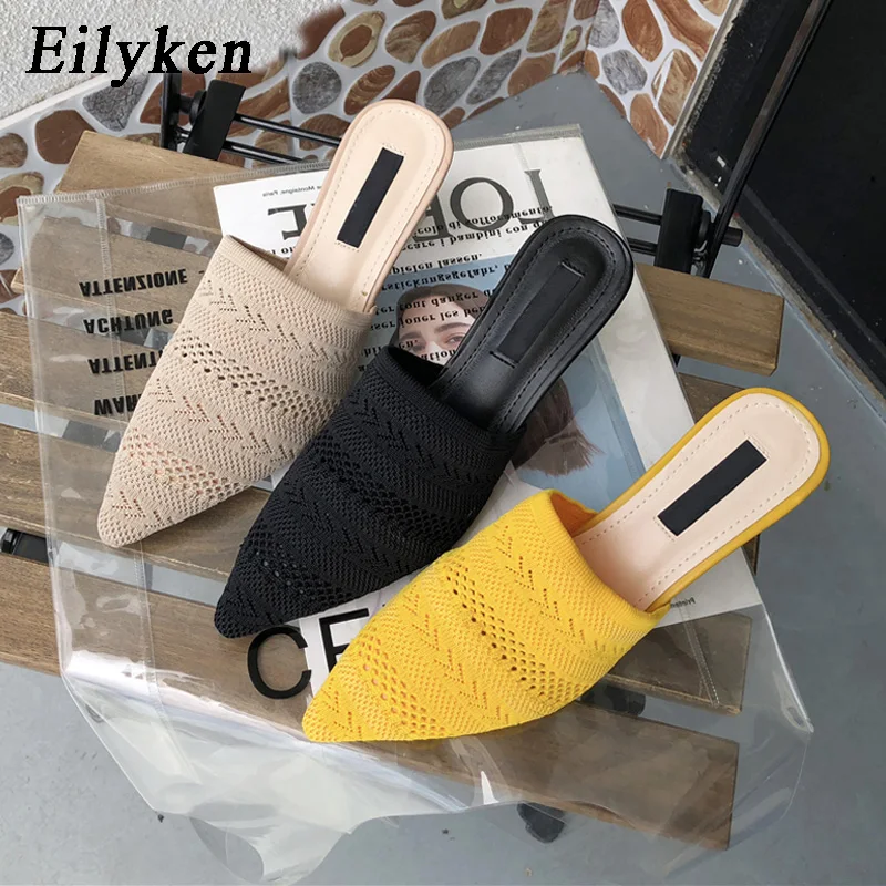 Eilyken; женские дышащие вязаные эластичные туфли с острым носком; шлепанцы без задника с открытой пяткой; туфли без задника на каблуке из плексигласа