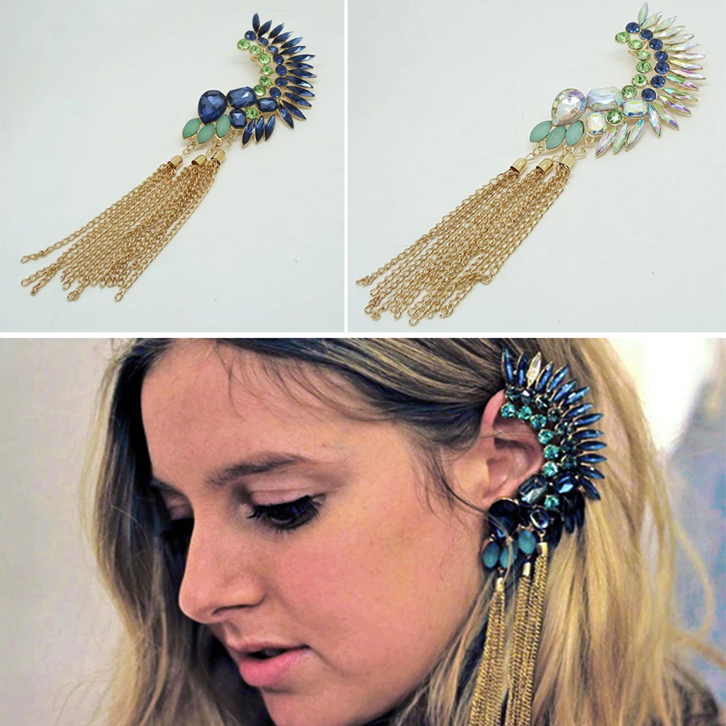 Boho Long Tassels Ear Cuff Earring Rhinestone Big No Pierced Clip Crawler Studs