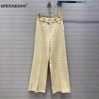 

SPENNEOOY Designer Custom Runway Autumn Female Fashion Casual Length Pants Women Khaki Plaid Chain Leisure Straight Pants 2020