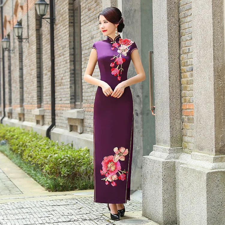 Женское элегантное вышитое длинное платье Cheongsam с коротким рукавом для свадебной вечеринки, Восточное Ретро женское платье Qipao, одежда официанта