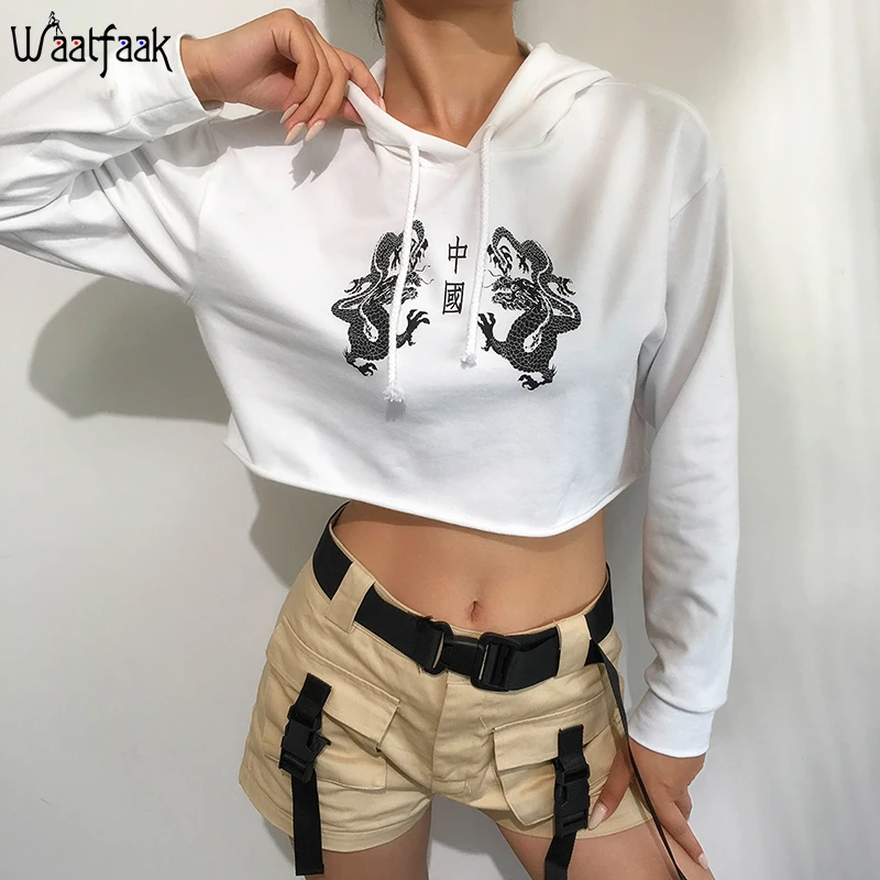 

Waatfaak Hoody Long Sleeve Hoodies Women Cotton Autumn Cropped Sweatshirt Streetwear Harajuku Pullover Casual Winter Sweatshirt