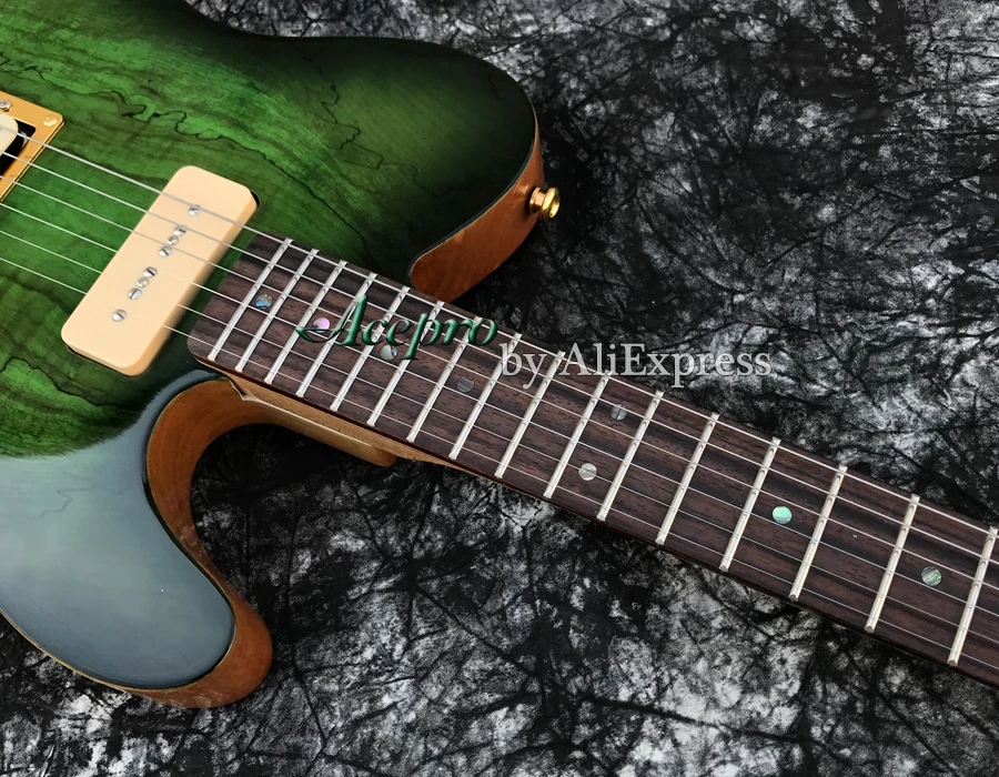 ACEPRO электрогитара с зеленым слоем Spalted Maple top, белый жемчуг тюнеры, Abalone точки инкрустации, Золотое оборудование