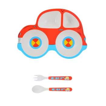 

3 Pcs Eco-Friendly Bamboo Fiber Baby Plate Spoon Fork 4 Slots Children Tableware Sets Baby Kids Dinnerware