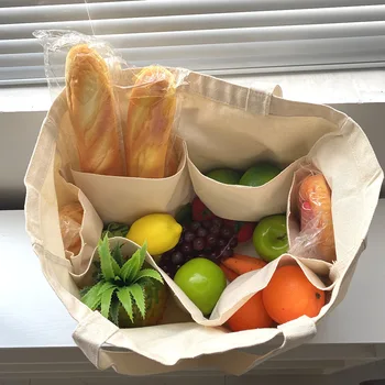 

Big Canvas Grocery Shopping Bags Cloth Tote Bags With Bottle Sleeves Reusable Large Capacity Washable & Eco-friendly Handle Bag