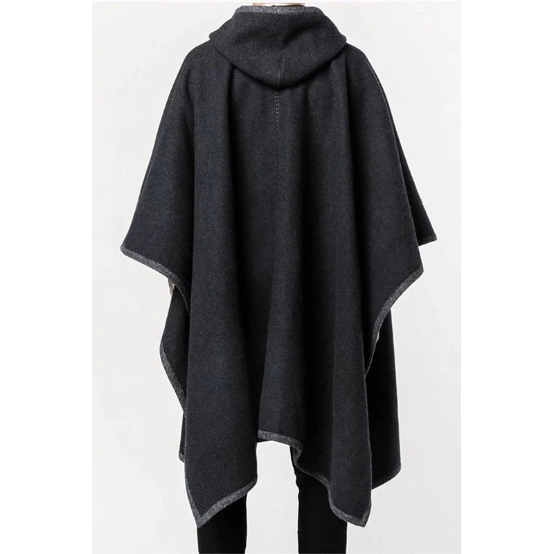 Retro coat men's long section autumn and winter cloak shawl coat tide dark gray hooded cloak wool hooded