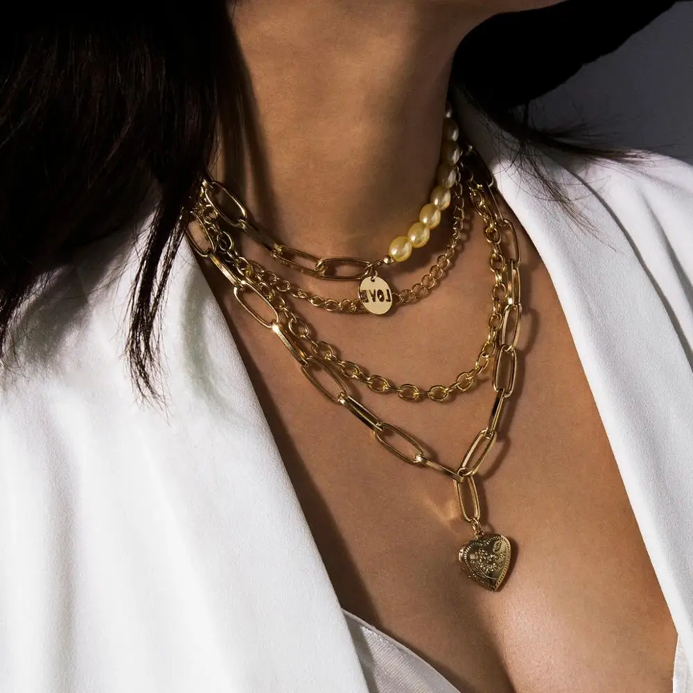SHIXIN хип-хоп любовь Открытое сердце кулон с фото ожерелье Панк многослойная цепочка ожерелье s для женщин Асимметричные жемчужные ожерелья