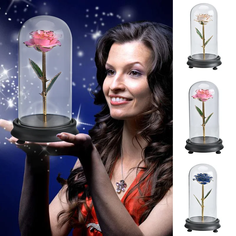 24k Gold Dipped Real Rose In Glass Dome Beauty And The Beast Artificial Flower Decoration Gift For Wedding Christmas Birthday Artificial Flowers Pink Artificial Flowersmetal Rose Aliexpress