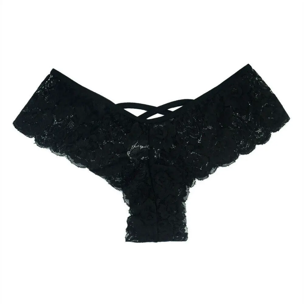 Черный Women's Sexy Lace Low-rise Solid Panties Female Briefs Underwear Cross strap lace Lingerie Thongs G-String - Цвет: Черный