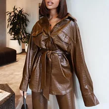 

2021 new women's autumn and winter fashion trendy leather animal pattern lapel mid-length windbreaker jacket