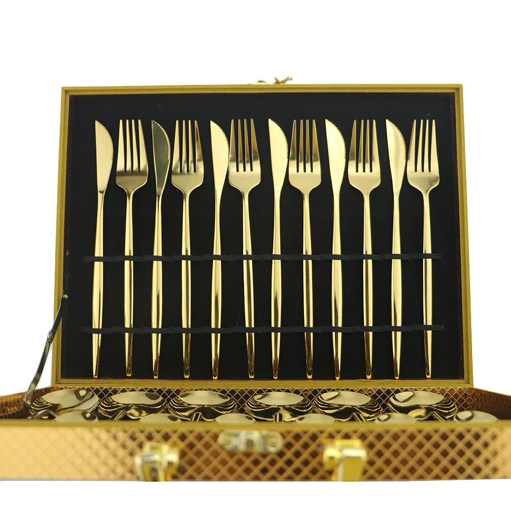 24pcs Gold Dinnerware Set 304 Stainless Steel Rainbow Cutlery Dinner Set Knife Fork Spoon Silverware Tableware Set With Gold Box