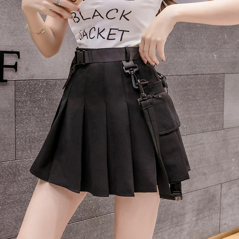 Women Skirts Sexy Gothic Harajuku Short Skirts Casual Black White Grey Sashes Fashion Pleated Skirts Punk Mini Skirt Vintage