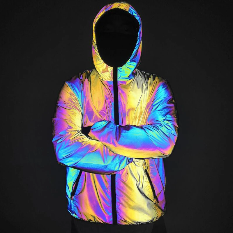 Autumn Winter Men Night Colorful Reflective Hooded Jacket Casual Windbreaker Male Hip Hop Jackets and Coat Drop Shipping Autumn Winter Men Night Colorful Reflective Hooded Jacket Casual Windbreaker Male Hip Hop Jackets and Coat Drop Shipping