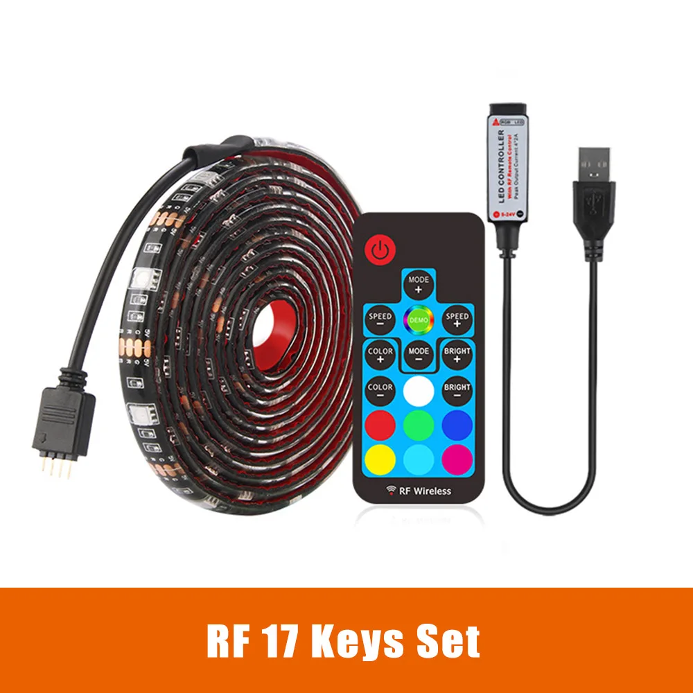 USB Светодиодная лента 5050 RGB ТВ фоновое освещение комплект можно резать с ИК РФ Музыка Bluetooth RGB светодиодный контроллер, 0,5 м/1 м/2 м комплект - Испускаемый цвет: 17 Key Set