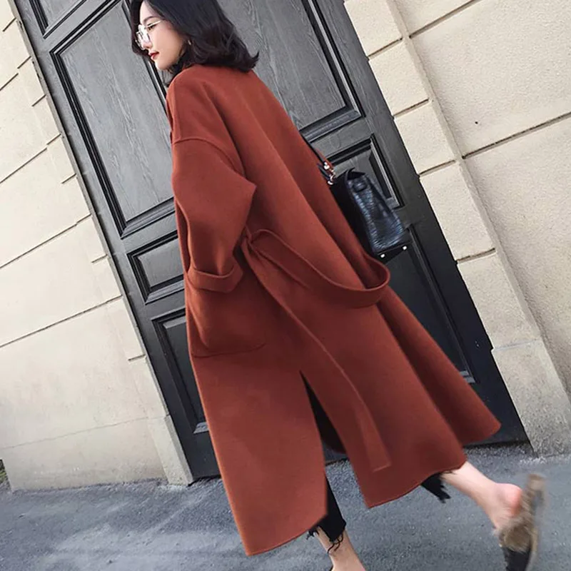 Maple red Корейское модное женское длинное кашемировое пальто с поясом Хепберн, свободная Офисная Женская шерстяная куртка с карманами, элегантная женская верхняя одежда - Цвет: Maple red