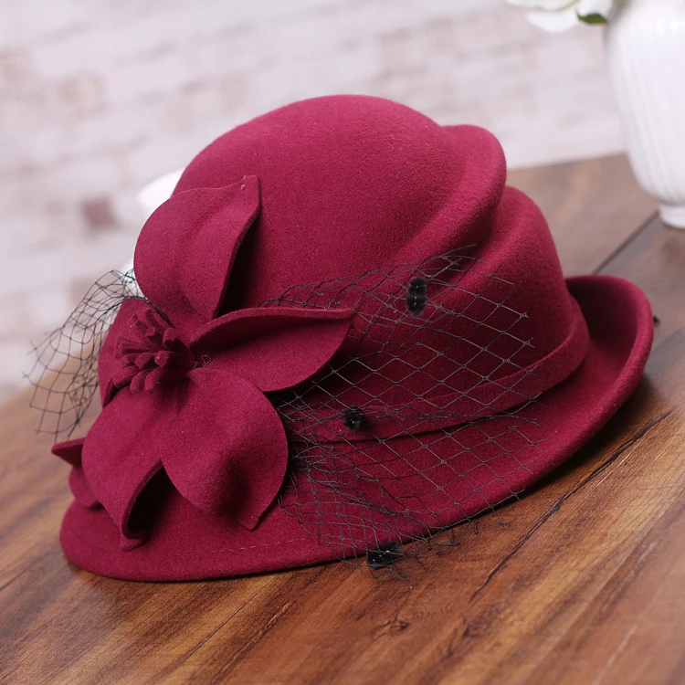 Зимняя женская шапка 1920s в стиле Гэтсби, теплая шерстяная шапка с цветами, зимняя шапка, женские вечерние шапки, Женская Асимметричная шляпа - Цвет: wine red