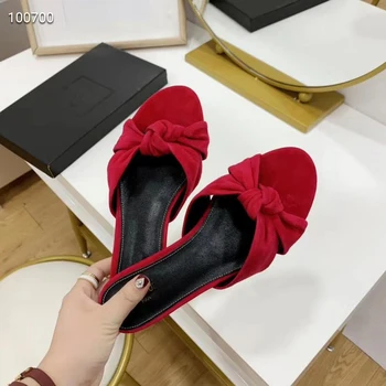 

New arrival sheepskin butterfly-knot slippers women genuine leather Flat heel sandals runway style mules shoes woman