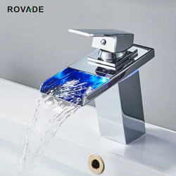 ROVADE Bathroom LED Basin Faucet,  Waterfall Bathroom Sink Tap Cold and Hot Mixer Crane (Chrome)