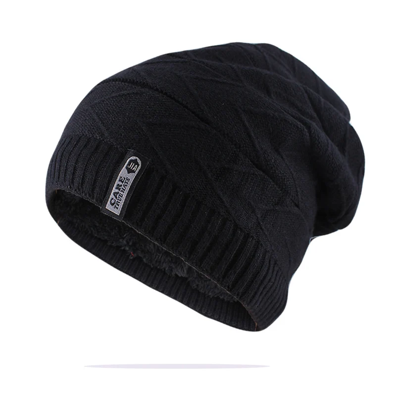 Черный Мужские шапочки модные зимние теплые вязанные шапочки Skullies стиль Женская Полосатая брендовая Повседневная плотная однотонная шапка - Цвет: Черный