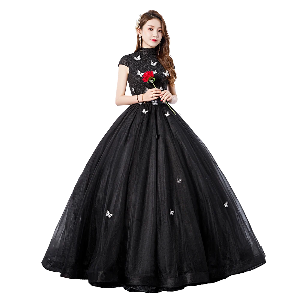 Милое черное пышное платье на 16 лет Vestido debutante 15 anos, бальное платье с высокой горловиной, прозрачные кружевные вечерние платья для выпускного вечера