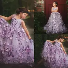 Пышные платья лавандового цвета для девочек бальное платье с объемной цветочной аппликацией для малышей, кружевное платье с цветочным узором для девочек фатиновые платья для первого причастия