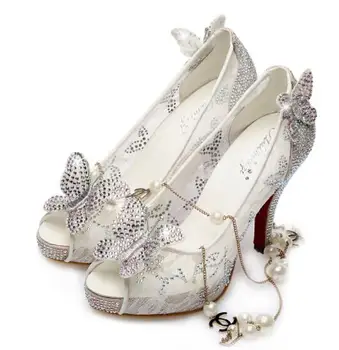 

Princess Cinderella Cosplay Sparkling Crystal Shoes Adults Lace Butterfly Women Wedding Shoes Thin Heel pointed toe high heels