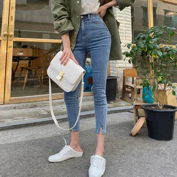 

Streetwear High Waist Stretch Skinny Women Jeans Pants Split Cuff Female Pencil Jeans 2020 Women Denim Jeans Trousers