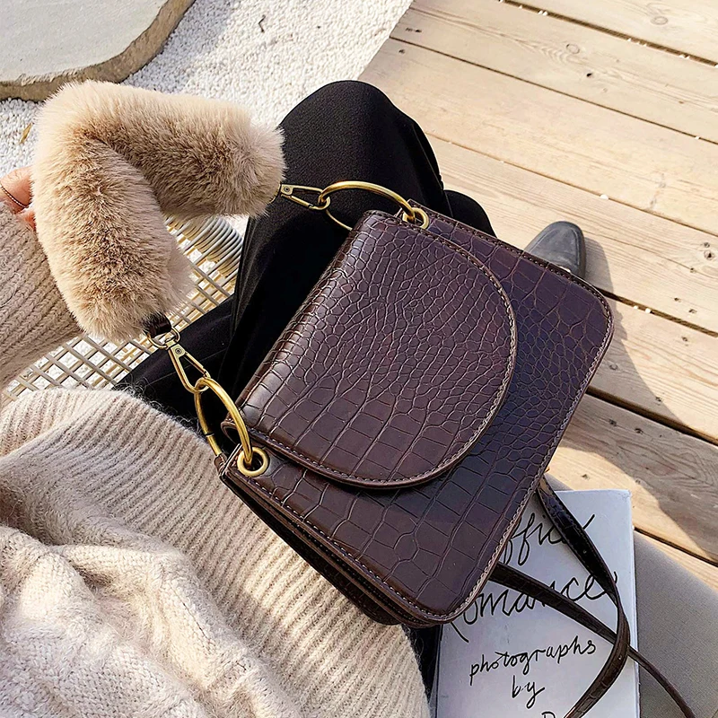 

Elegant Female Plush Tote Bag 2019 Winter New Quality Leather Women's Designer Handbag Crocodile pattern Shoulder Messenger Bags