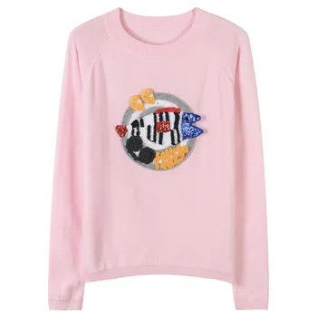 

Korean O Neck Sequins Beading Knitting Pullover Autumn Winter Long Sleeve Pink Sweater Women Streetwear Animal Jumper Pull Femme