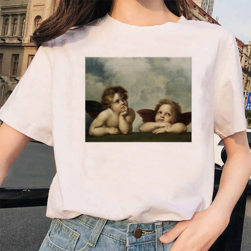 Angel 90s модная футболка женская Kawaii печать с коротким рукавом o-образным вырезом Футболка винтажная мода Ullzang футболки с забавным принтом женская