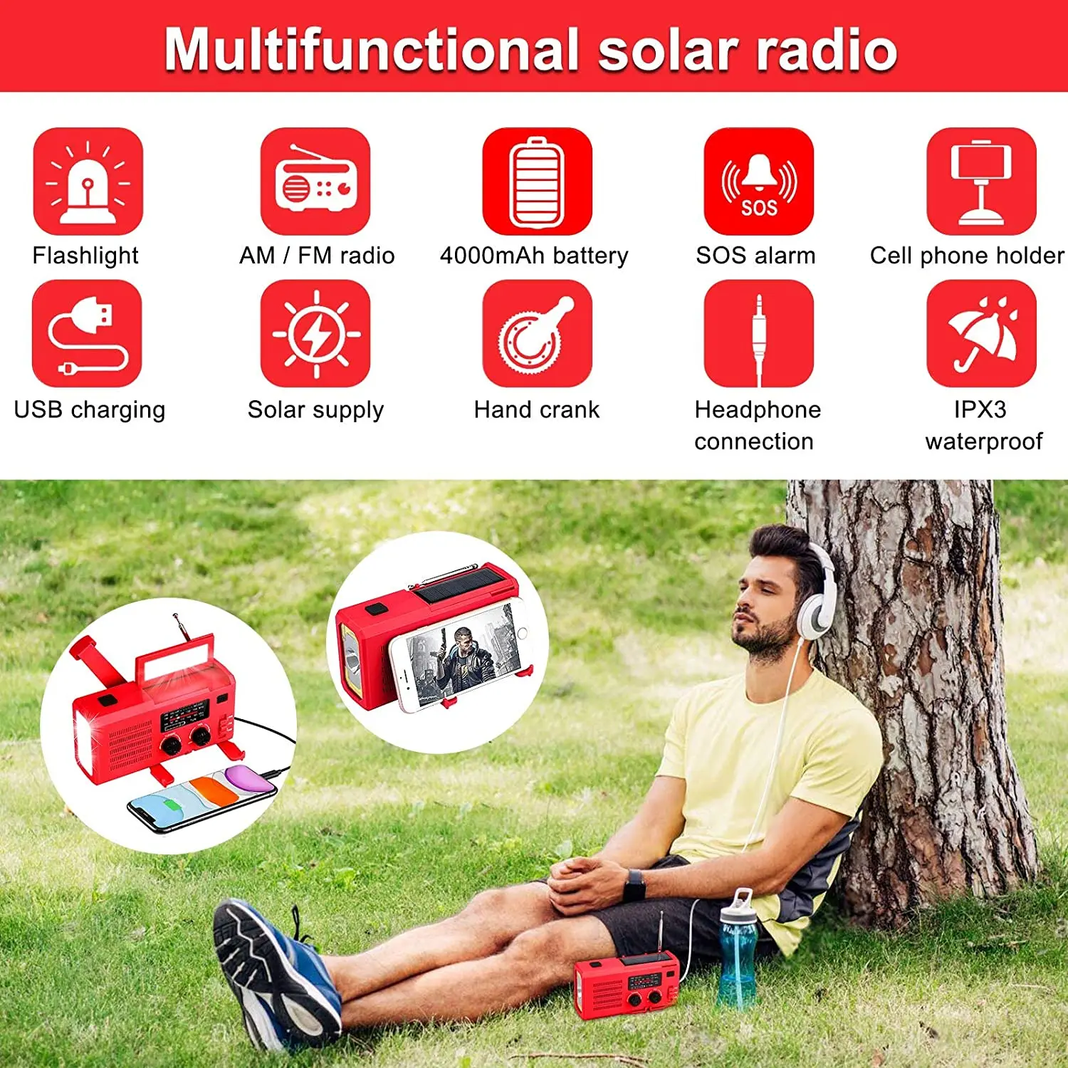 Lanterna de Cabeça Gerador de Emergência com Manivela Recarregável Bateria Solar Manual Rádio am - fm 4000mah - Image 6