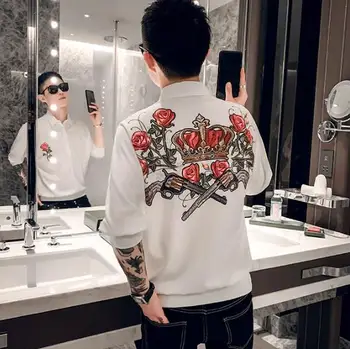 

Brand Men Shirt High Quality Crown Rose Print Dress Blouse Slim Fit Casual Half Sleeve Western Cowboy Shirts Camisas Asian Size