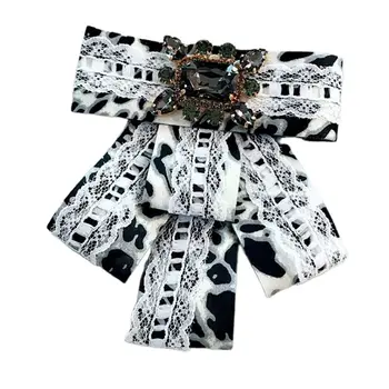 

Women Lace Leopard Bow Tie Imitation Crystal Jewelry Collar Brooch Pins Necklace Shirt Accessory