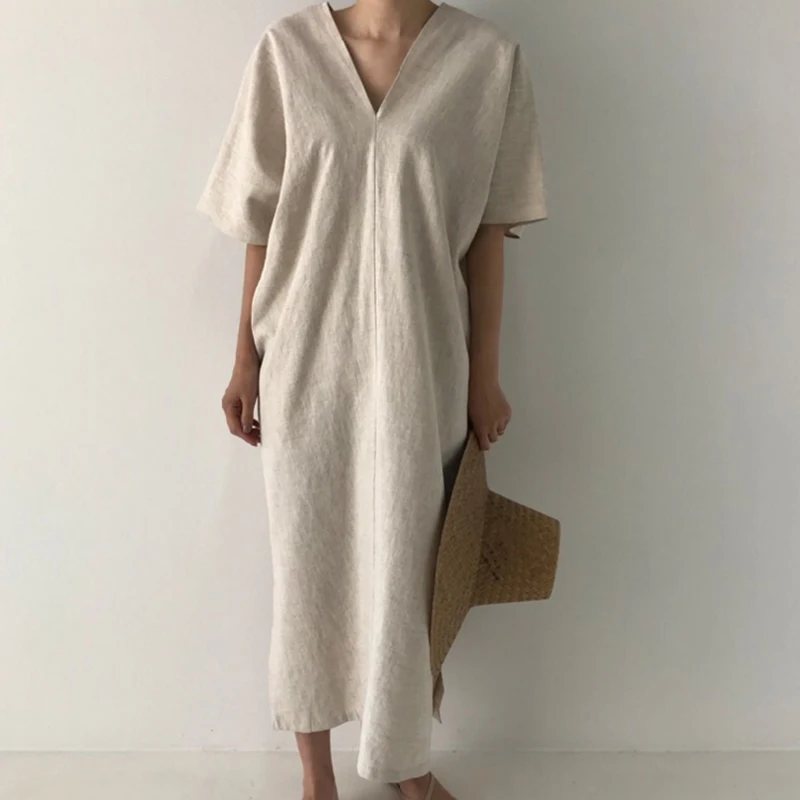 

Vintage Long Maxi Dress Women Casual Short Sleeve Loose Party Dress Oversized Summer Dress Ankle-Length V-Neck Korean Dress 2019