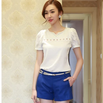 

Women Patchwork Hollow Out Chiffon Blouses Short Sleeve Blouse Loose Lace Shirts