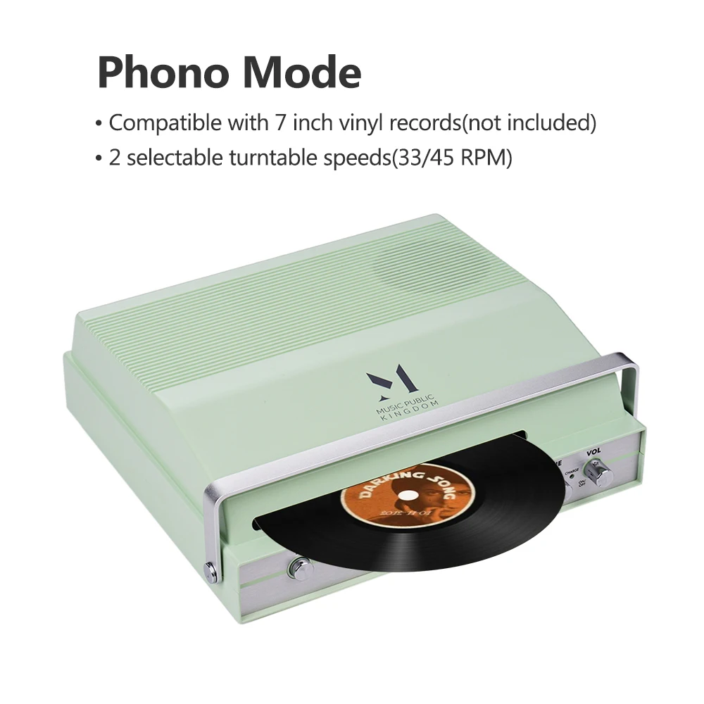 

Slot-in Record Player for 7-inch Vinyl 2-speed (33/45 RPM) BT Turntable Built-in Stereo Speaker Battery with Tone Volume Control