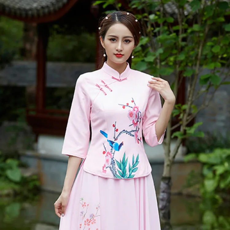 SHENG COOC рубашка китайская женщина желтый Cheongsam топы Magpie печать костюм в китайском стиле Осень Новый