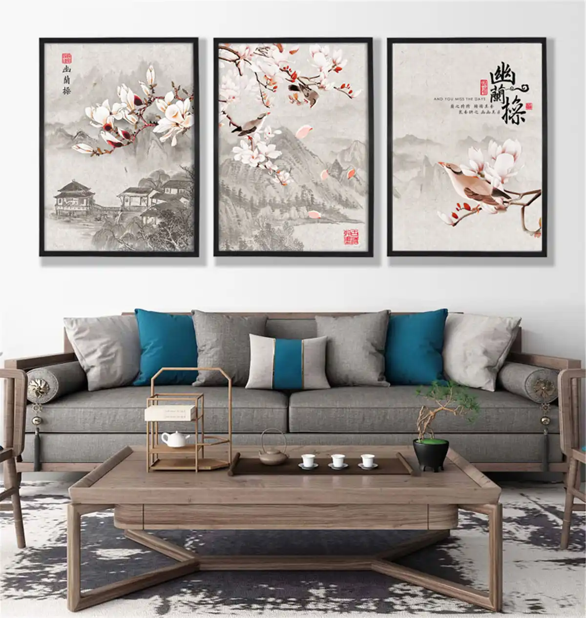 Youlan Antiguo Poesias Flores Pajaros Paisaje Lienzo Cartel