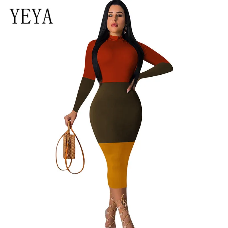 

YEYA Long Sleeve Slim Woman Party Dress Autumn Winter Fashion Elegant Splice Bandage Bodycon Pencil Dresses Vestidos De Festa