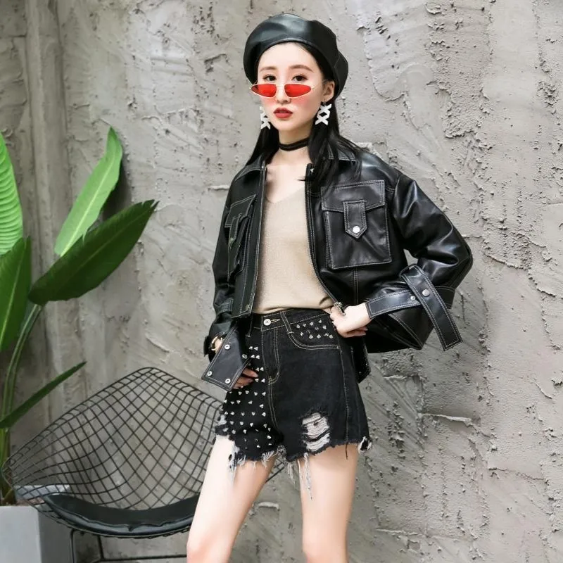 Готическая женская новая модная мотоциклетная куртка из овечьей кожи, свободная куртка Харадзюку с карманами, куртка из натуральной кожи, верхняя одежда, пальто