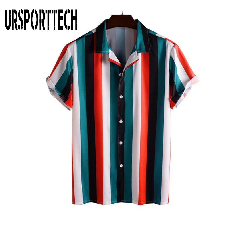 URSPORTTECH New Arrival Men's Shirts Men Beach Vacation Striped Shirts Camicias Button Wild Shirts Short-sleeve Blouses Tops new arrival summer tracksuit for men short sleeve t shirt shorts 2 piece set oversized casual trendy sportwear outfits clothe