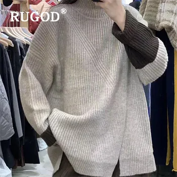 

RUGOD Turtleneck Sweater Oversized Pullover Split Jumper Winter Tops For Women Knitwear Stripe Korean Style