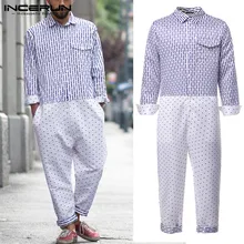 INCERUN, модная рубашка, комбинезон для мужчин, с принтом, в стиле пэчворк, с отворотом, с длинным рукавом, мешковатые штаны, уличный Ретро стиль, мужской комбинезон, Комбинезоны для бега